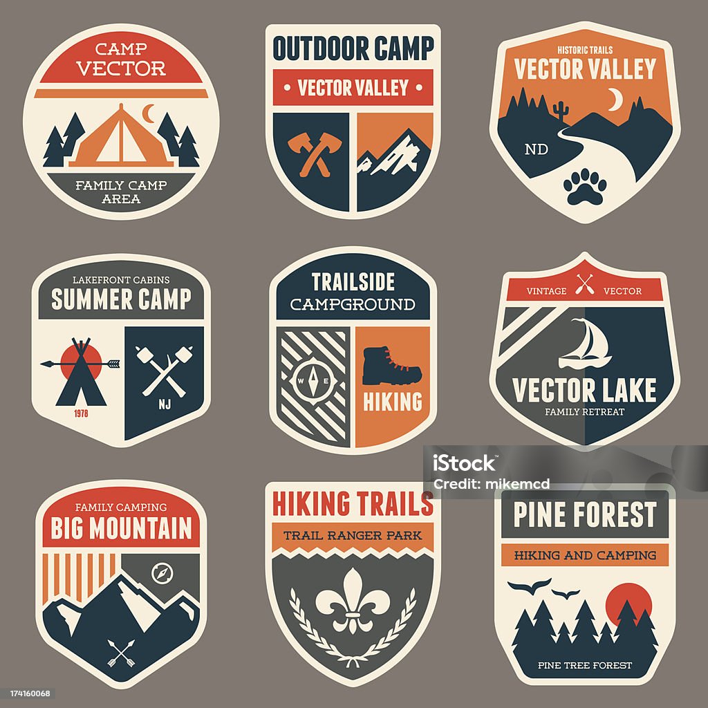 Retro camp badges Set of vintage outdoor camp badges and emblems. Badge stock vector