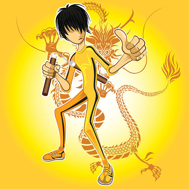 Kungfu Master Kungfu Master Wearing Yellow Jumpsuit Playing Nunchucks With Dragon Tatoo blackbelt stock illustrations