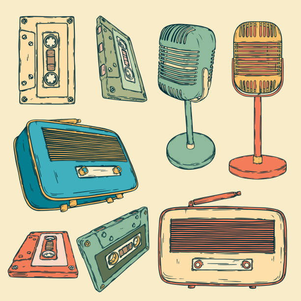 istock Vector set of retro vintage mic, audio cassette, radio isolated on white. Announcement, advertasind, music set 1741608537