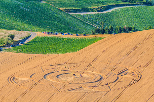Crop circles in a field in Italy Robella d'Asti hamlet of Cavallo Grigio(AT):people inside a crop circle appeared on the night between Saturday, June 29 and Sunday, June 30th 2013 in a field in Robella d'Asti,Piedmont,Italy. crop circle stock pictures, royalty-free photos & images
