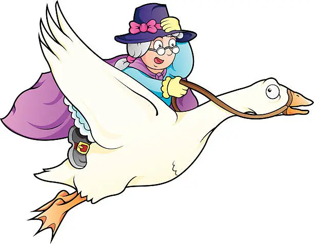 Vector illustration of Elderly lady with magical powers flying on top of a goose