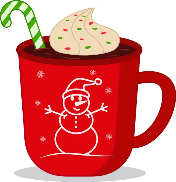 Vector illustration of Hot chocolate in a red cup with marshmallows and a lollipop for Christmas. A cup of sweets with a Merry Christmas and a Happy New Year. Elements of vector design.Suitable for Christmas decoration and coloring, advertising, postcards