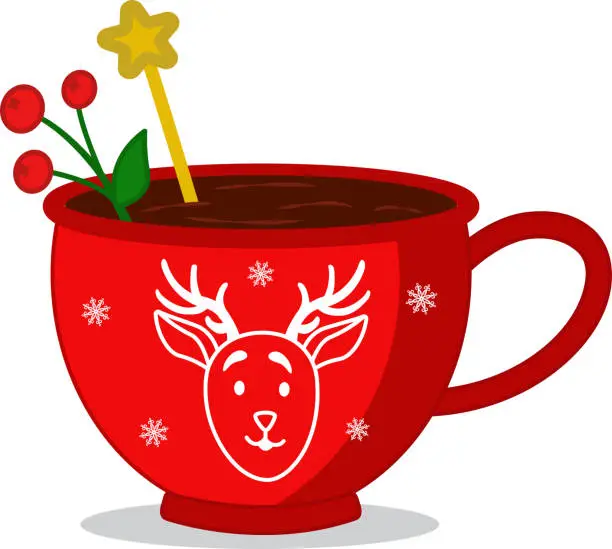 Vector illustration of Hot chocolate with lollipops in a red cup for Christmas. A cup of sweets with Christmas and New Year. Elements of vector design.Suitable for Christmas decoration, advertising, postcards