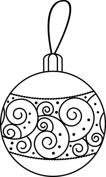 Vector illustration of Vector illustration of a Christmas toy on a Christmas tree. Black and white illustration. Festive illustration with a Christmas tree toy with a beautiful pattern.  Vector black and white graphics.