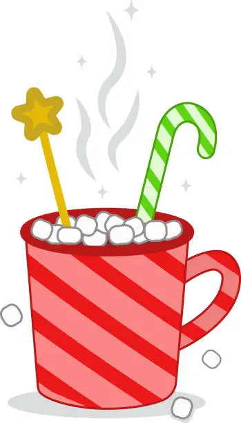 Vector illustration of Hot chocolate with Christmas lollipops and marshmallows in a red cup. Vector illustration. Merry Christmas and Happy New Year cup with sweets. Cartoon-style illustration.Elements of vector design.