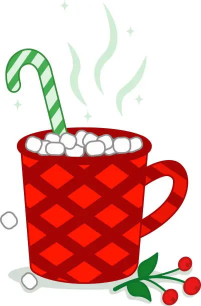 Vector illustration of Hot chocolate with Christmas lollipops and marshmallows in a red cup. Vector illustration. Merry Christmas and Happy New Year cup with sweets. Cartoon-style illustration.Elements of vector design.