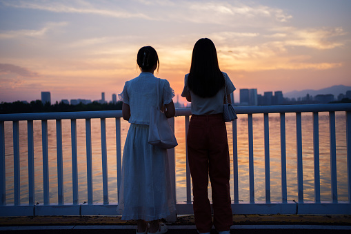 people admiring the sunset