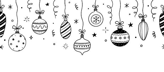 Doodle christmas ball element background. Hand drawn sketch line style xmas ball. Cute merry christmas bauble for border, background design with text place. Isolated vector illustration.