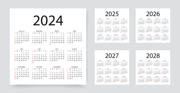 Calendar for 2024, 2025, 2026, 2027, 2028 years. Set of templates yearly planners. Vector illustration. 2024, 2025, 2026, 2027, 2028 calendars. Calender templates. Week starts Sunday. Desk planner layout. Yearly diary with 12 month. Organizer in English. Scheduler in simple design. Vector illustration may 24 calendar stock illustrations
