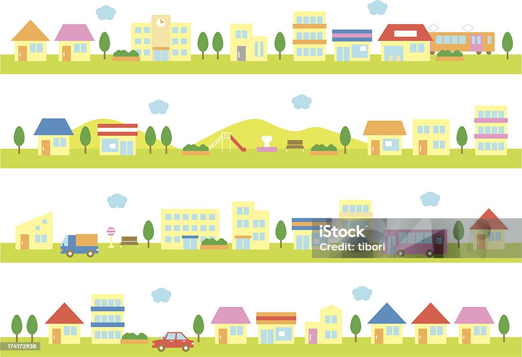 stores and houses on a street, white background Small Town stock vector