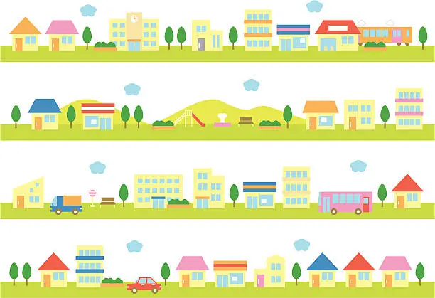 Vector illustration of stores and houses on a street, white background