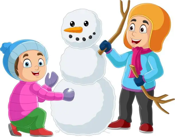 Vector illustration of Cartoon happy kids with a snowman