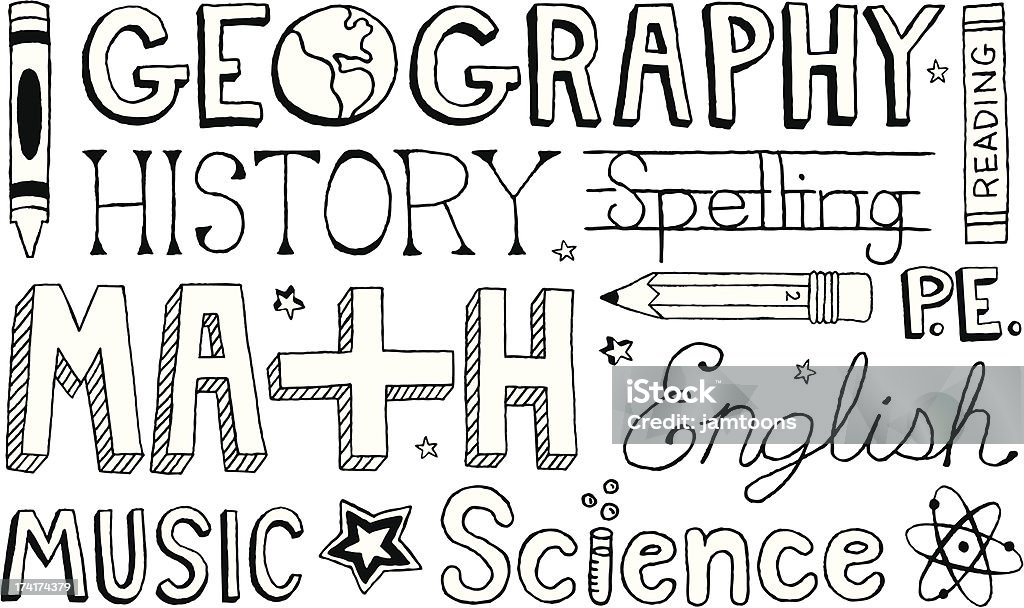 School Subjects Doodles A variety of hand-drawn doodled text of school subjects. High School stock vector