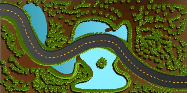 Vector illustration of ROAD VIEW FROM TOP WITH LAKES AND TREES