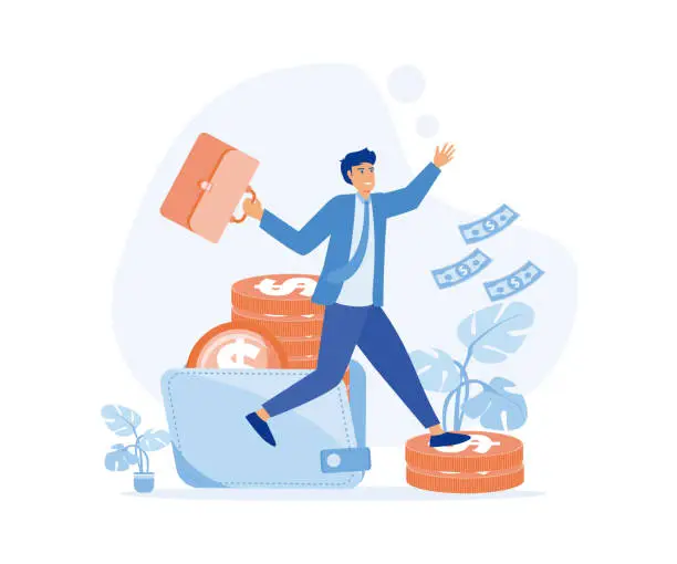 Vector illustration of Man stands with a new income, received a salary. Concept of salary payment, flat vector modern illustration