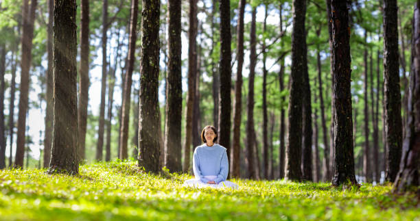 istock Woman relaxingly practicing meditation in the pine forest to attain happiness from inner peace wisdom with beam of sun light for healthy mind and soul concept for healthy mind and soul 1741758528