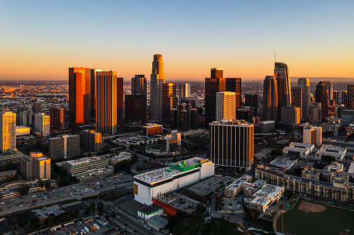 LA city skyline at sunset. California.