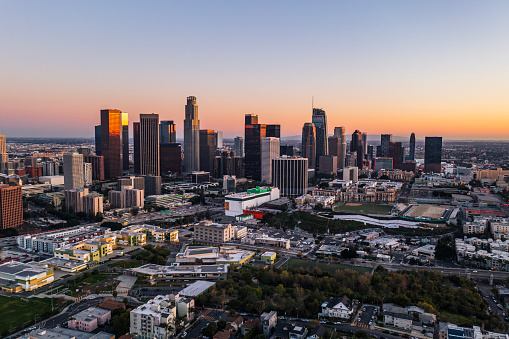 LA city skyline at sunset. California.