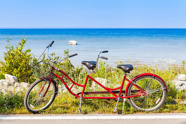 istock Red tandem bicycle on the side of a road by a beach 174178679