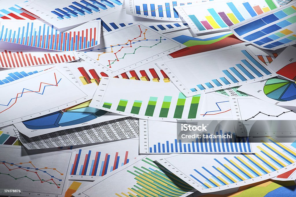 Many graphs. (horizontal) Scattered graphs. Abundance Stock Photo