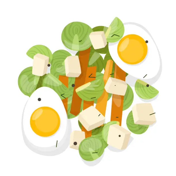 Vector illustration of Breakfast dish - boiled egg, Brussels sprouts, carrots and tofu. Cartoon vector illustration