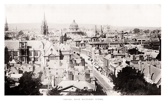 City of Oxford viewed from Magdalen Tower, England. Sepia-toned photograph published 1892. Original edition is in my private collection. Copyright is in public domain.