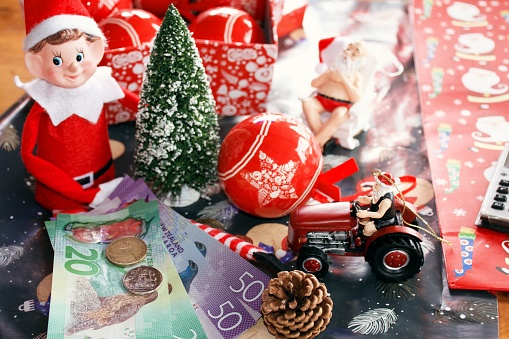 Christmas decorations with NZD New Zealand Dollars and a calculator for a Saving for / the cost of Christmas concept.