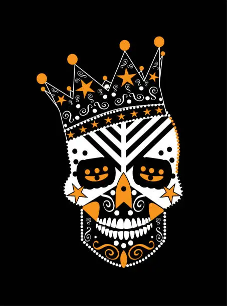 Vector illustration of King skull with crown, stars and ornament details illustration. Black, white and orange color background. Day of the dead, Halloween, Fashion, cards icon.