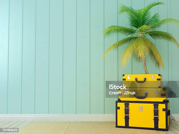 Yellow Bags And Palm Tree Stock Photo - Download Image Now - Backgrounds, Bag, Beach