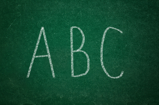 ABC on green chalkboard, literacy concept.