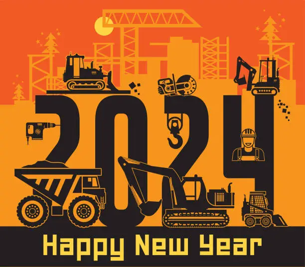 Vector illustration of Construction machinery, Happy New Year card
