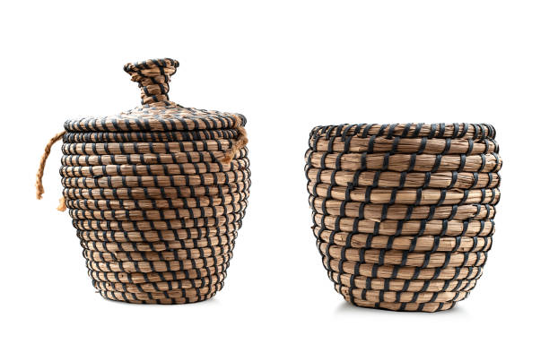 istock set of old wicker straw vases isolated on white background 1741844160