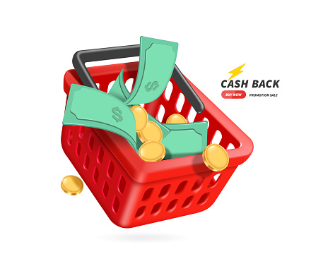 Gold coins or dollars coins and Banknotes float into the red shopping basket for refund advertising design promotions or cash back, vector 3d isolated on white background for advertisement design