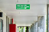Fire exit sign on the ceiling of a building, Fire exit sign,Fire fighting equipment concept.