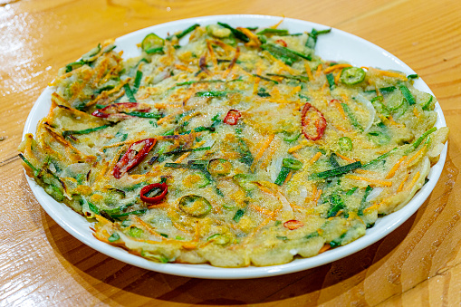 Egg dish, a folded, browned omelette, in a frying pan.