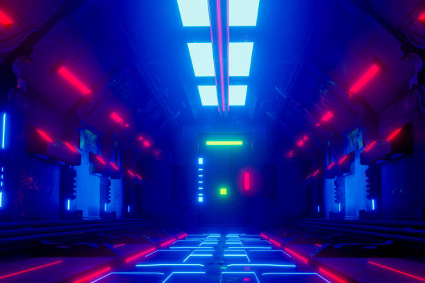 istock Sci-Fi grunge  corridor background illuminated with neon lights 3d render 1741872244
