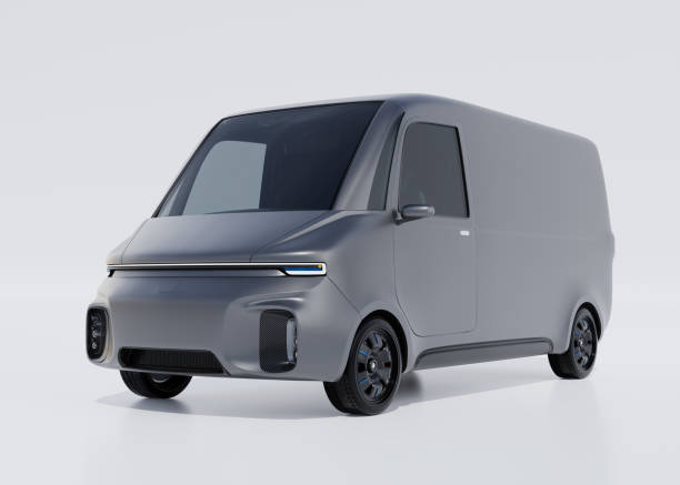 istock Silver Electric Delivery Van on light gray background 1741899074