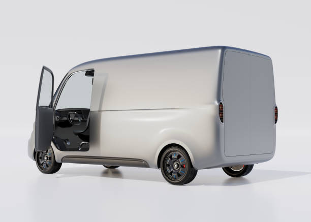 istock Rear view of Silver Electric Delivery Van on light gray background 1741900114