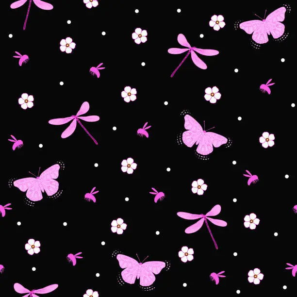 Vector illustration of ditsy dragonfly and butterfly floral seamless pattern. bee floral print with polka dots background.