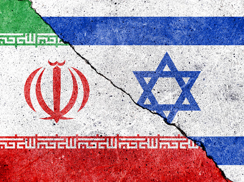 The flags of Israel and Iran are both made of texture. Conceptual image depicting relations between Iran and Israel. Basemap and background concept. double exposure hologram