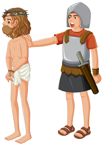 A soldier is being pushed from behind by Jesus in a vector cartoon style