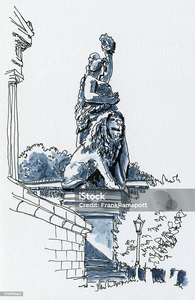 Bavaria Statue Lion Munich Watercolor Ink Sketch Bavaria Statue and Lion in Munich (Theresienwiese). Drawn on location by myself on July 27, 2012. Ink Pen and Watercolor Pencils on 120gsm white drawing paper. High resolution scan of the original drawing, paper structure is visible. Bavaria stock illustration