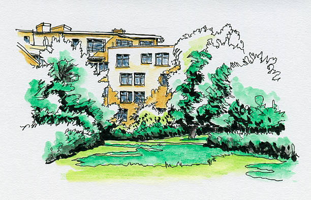 Residential Building Green Park Watercolor Ink Sketch Residential Building in Munich. The building is located at Westpark, a green large urban public park. Drawn on location by myself on July 31, 2012. Ink Pen and Watercolor Pencils on 120gsm white drawing paper. High resolution scan of the original drawing, paper structure is visible. pen and marker stock illustrations
