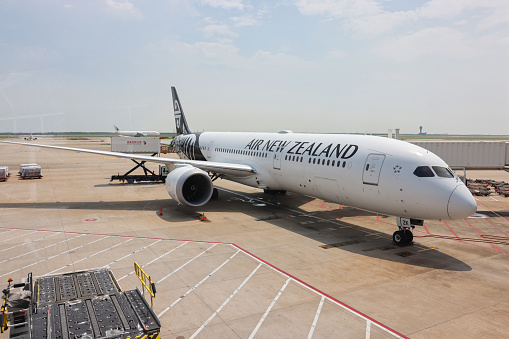 Shanghai, China - Aug 16, 2023: An Air New Zealand commercial plane at Shanghai Pudong International Airport