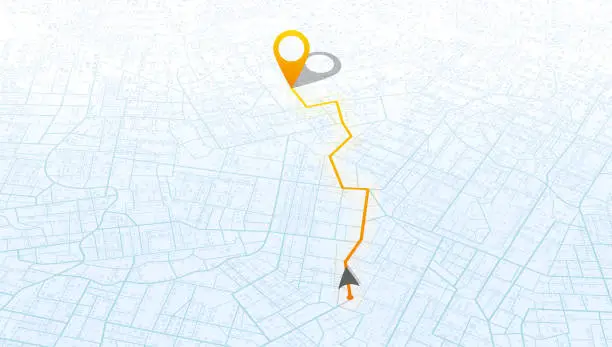 Vector illustration of Abstract isometric location tracks dashboard. Gps map infographic. Journey route template. City streets, blocks, route distance data, path turns and destination tag, mark. Vector, illustration