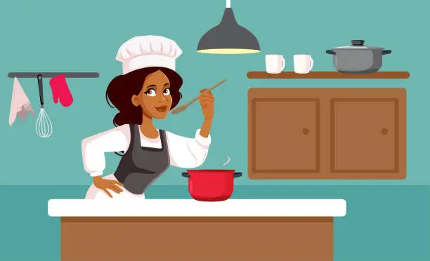 Vector illustration of Vector Cartoon Woman Cooking in her Kitchen Preparing Delicious Meal