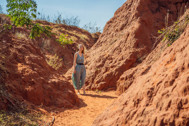 turystka w czerwonym kanionie, wznowienie koncepcji turystycznej - australia nature kings canyon northern territory zdjęcia i obrazy z banku zdjęć