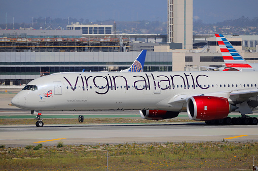 Los Angeles, CA, USA - Oct 14, 2023: Virgin Atlantic Airbus A350-1000, Los Angeles International Airport (LAX).