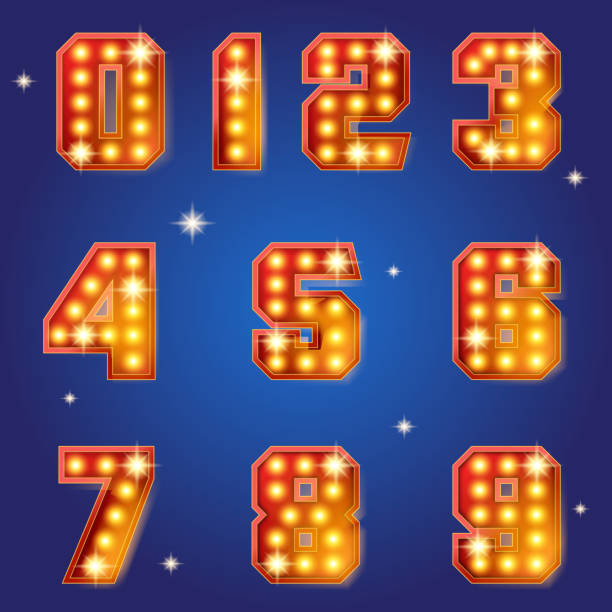 Vector light bulb text, numbers 0-9 Vector retro light bulb numbers table theater marquee red carpet movie theater movie stock illustrations