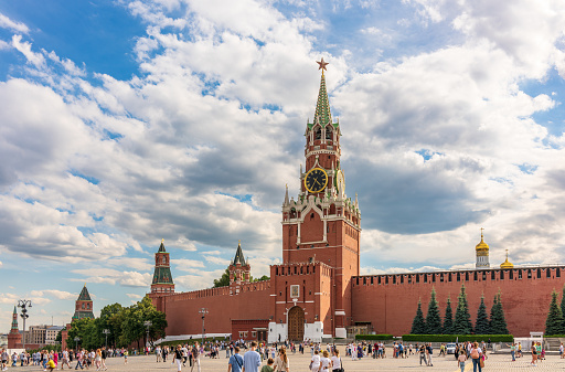 Moscow, Russia - July 31, 2022: Moscow Kremlin on Red Square, Moscow, Russia. The ancient Kremlin is the city's main tourist attraction. Beautiful panoramic view of the heart of Moscow on a sunny day.